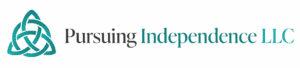 Pursuing Innovation Logo, teal gradient intertwined abstract shape with the text "Pursuing Independence LLC" after