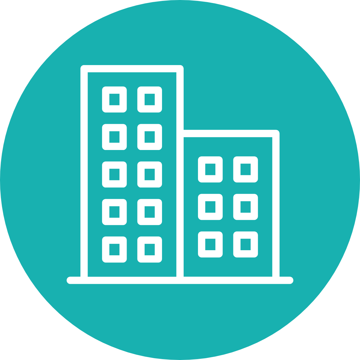 White line icon of a building against a teal circle colored background