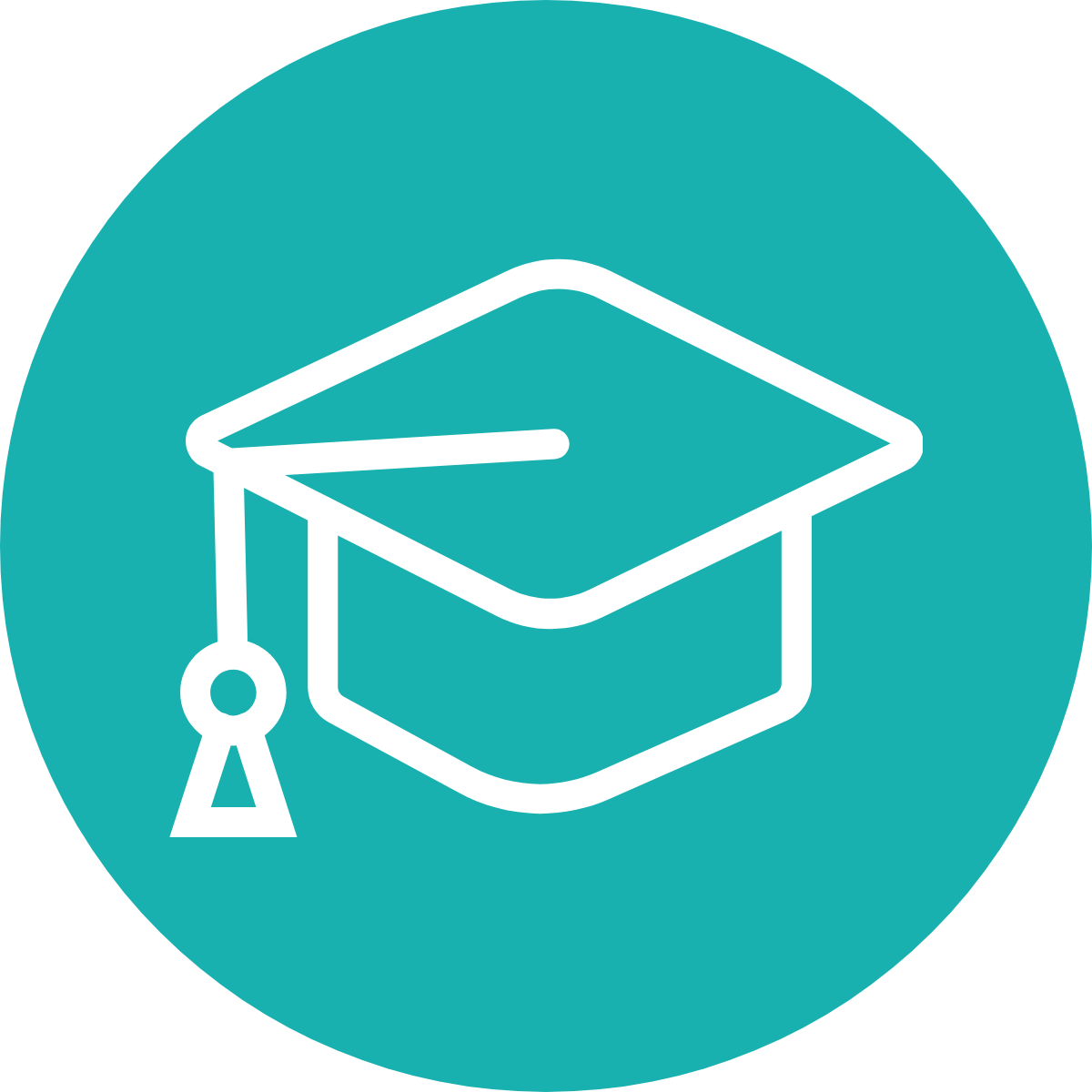 White line graduation cap icon on a teal circle background